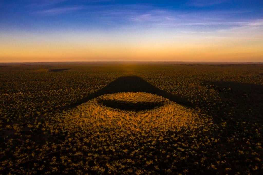 Aerial of Kalkani Crater at sunset