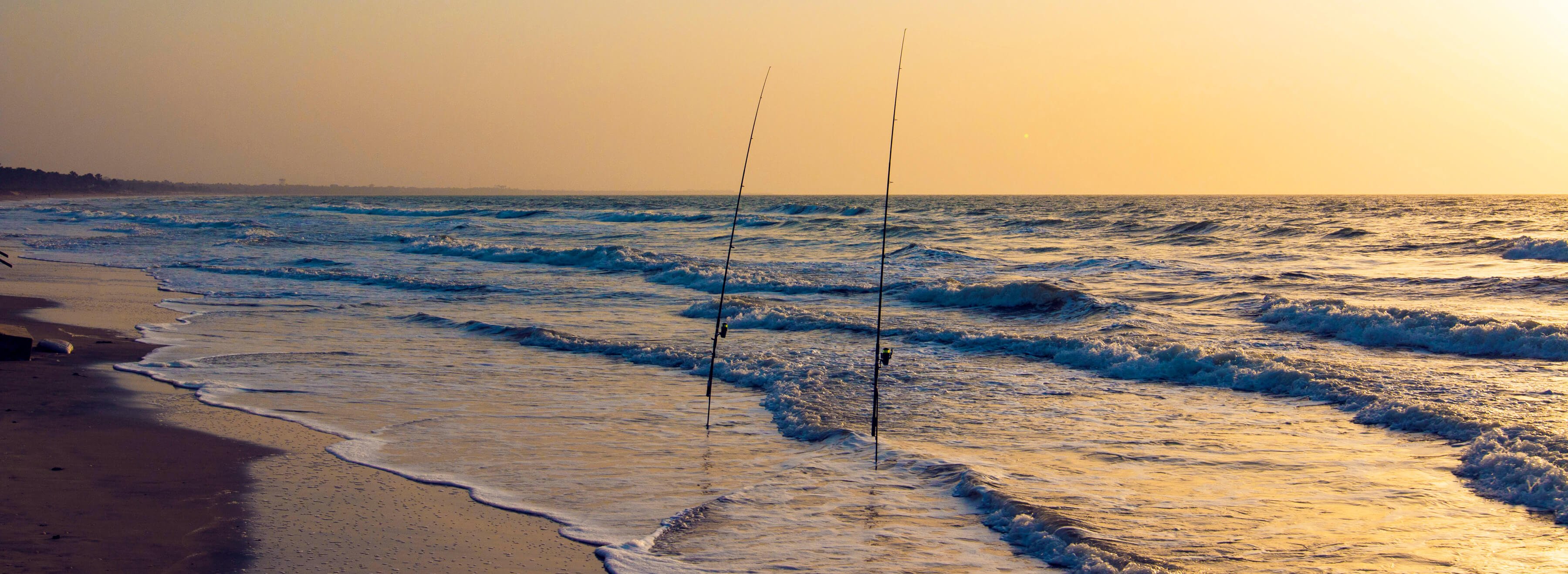 Fishing rods on beach at sunset